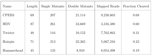 Table 2.1: Summary of the lengths of each self-cleaving ribozyme used in this study, and the number of single and double mutants whose cleavage activity was analyzed.